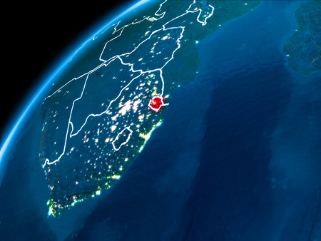 Swaziland highlighted in red from Earthâs orbit at night with visible country borders. 3D illustration.の写真素材