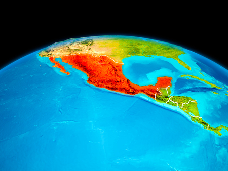 Satellite view of Mexico highlighted in red on planet Earth with borderlines. 3D illustration.の写真素材