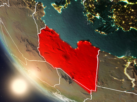Illustration of Libya as seen from Earthâs orbit during sunset with visible country borders. 3D illustration.の写真素材