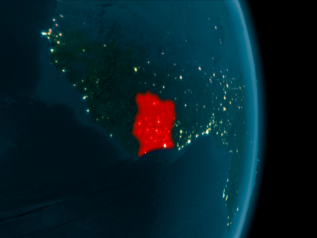 Illustration of Ivory Coast as seen from Earthâs orbit at night. 3D illustration.の写真素材