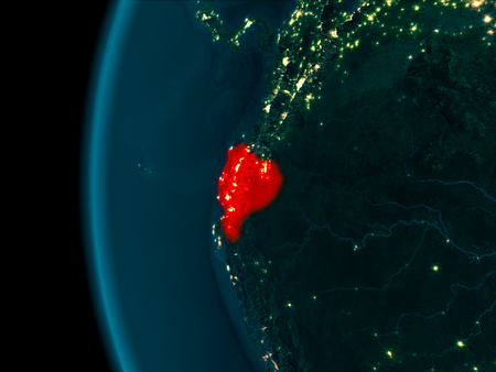 Ecuador from orbit of planet Earth at night with highly detailed surface textures. 3D illustration.の写真素材