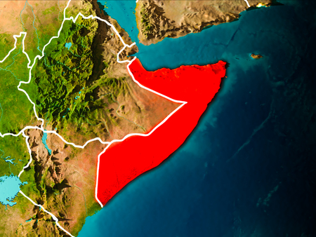 Somalia in the morning highlighted in red on planet Earth with visible border lines and city lights. 3D illustration.の写真素材