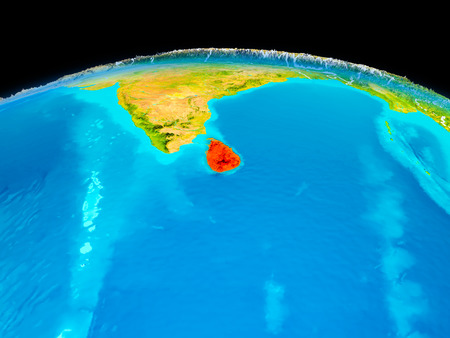 Satellite view of Sri Lanka highlighted in red on planet Earth with borderlines. 3D illustration.の写真素材