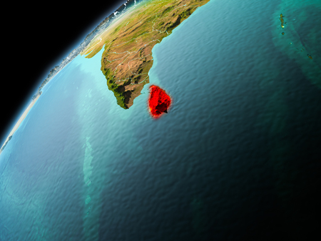 Illustration of Sri Lanka as seen from Earthâs orbit in late evening with visible border lines and city lights. 3D illustration.の写真素材