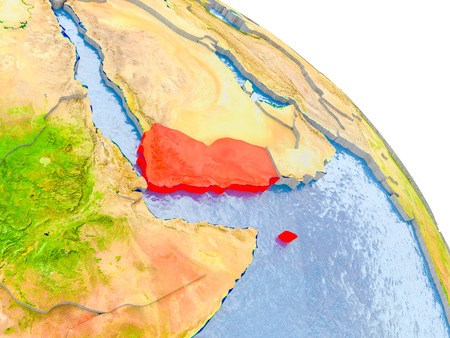 Illustration of Yemen highlighted in red on glob with realistic surface with visible country borders, and water in the oceans. 3D illustration.の写真素材
