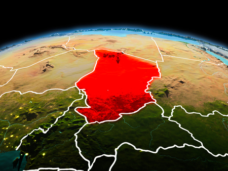 Morning above Chad highlighted in red on model of planet Earth in space with visible border lines and city lights. 3D illustration.の写真素材