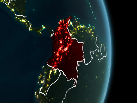Map of Colombia in red as seen from space on planet Earth at night with white borderlines and city lights. 3D illustration.の写真素材