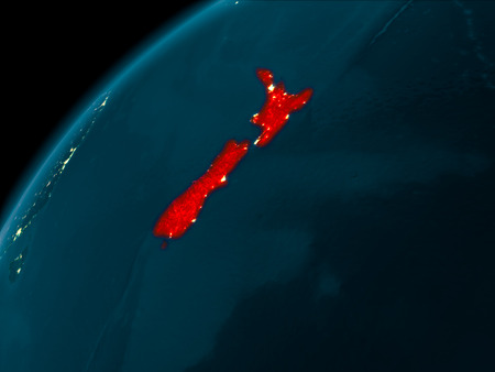 Night map of New Zealand as seen from space on planet Earth. 3D illustration.の写真素材