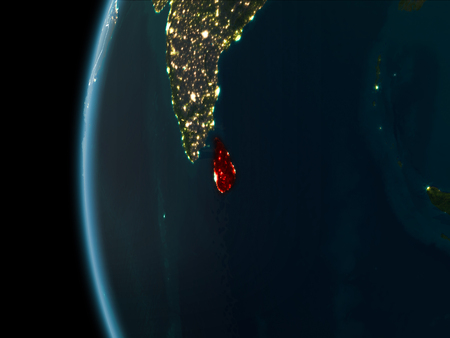 Orbit view of Sri Lanka highlighted in red with visible borderlines and city lights on planet Earth at night. 3D illustration.の写真素材