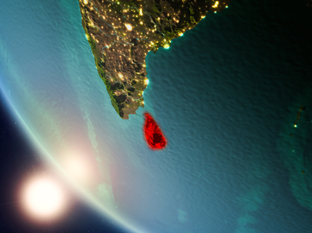 Satellite view of Sri Lanka highlighted in red on planet Earth with visible country borders during sunset. 3D illustration.の写真素材