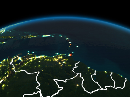 Space orbit view of Caribbean highlighted in red on planet Earth at night with visible country borders and city lights. 3D illustration.の写真素材