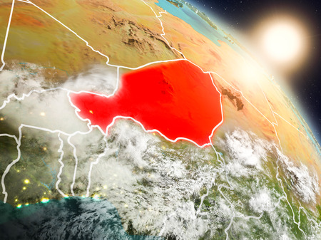 Sunset above Niger from space on planet Earth with visible country borders. 3D illustration.の写真素材