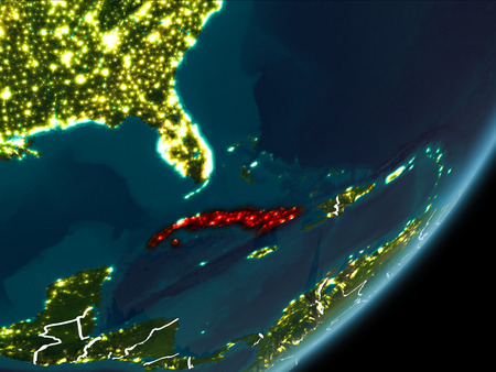 Cuba as seen from Earthâs orbit on planet Earth at night highlighted in red with visible borders and city lights. 3D illustration.の写真素材