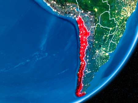 Chile in red on planet Earth at night with visible borderlines and city lights. 3D illustration.の写真素材