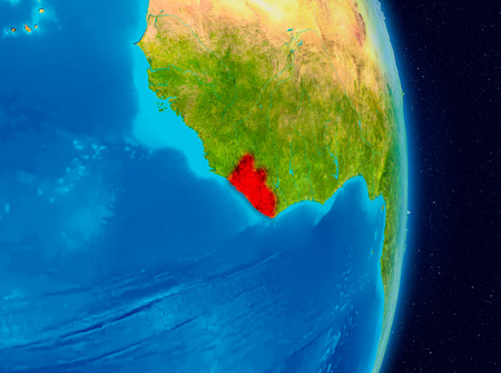 Country of Liberia in red on planet Earth. 3D illustration.の写真素材