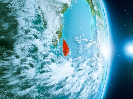 Sri Lanka from orbit of planet Earth with clouds during sunrise with highly detailed surface textures. 3D illustration.の写真素材