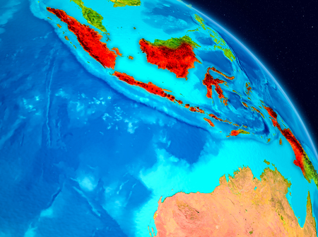 Space view of Indonesia highlighted in red on planet Earth. 3D illustration.の写真素材
