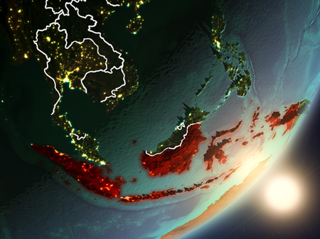 Indonesia from space with highly detailed surface textures and visible country borders. 3D illustration.の写真素材