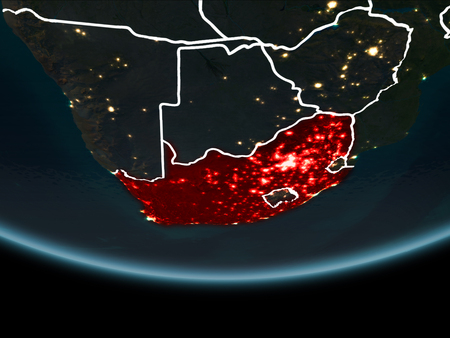 South Africa highlighted in red on planet Earth at night with visible borders and city lights. 3D illustration.の写真素材