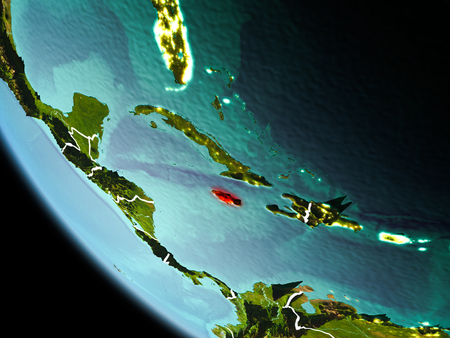 Jamaica from orbit of planet Earth at night with highly detailed surface textures with visible border lines and city lights. 3D illustration.の写真素材