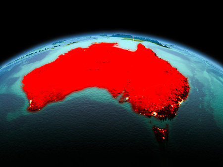 Morning above Australia highlighted in red on model of planet Earth in space with visible border lines and city lights. 3D illustration.の写真素材
