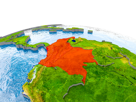 Colombia highlighted in red on globe with realistic land surface, visible country borders and water in place of oceans. 3D illustration.の写真素材