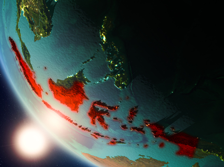 Satellite view of Indonesia highlighted in red on planet Earth with visible country borders during sunset. 3D illustration.の写真素材