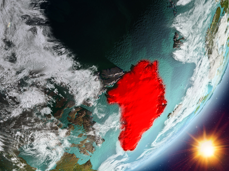 Greenland from orbit of planet Earth in sunrise with highly detailed surface textures and clouds. 3D illustration.の写真素材