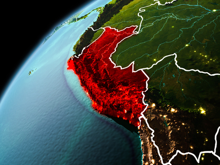 Illustration of Peru as seen from Earths orbit in late evening with visible border lines and city lights. 3D illustration.の写真素材