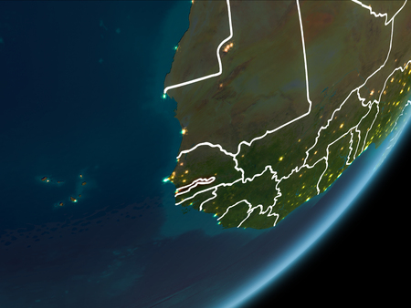 Gambia as seen from Earthâs orbit on planet Earth at night highlighted in red with visible borders and city lights. 3D illustration.の写真素材
