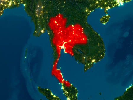 Satellite night view of Thailand highlighted in red on planet Earth. 3D illustration.の写真素材