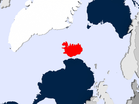 Iceland in red on political map with transparent oceans. 3D illustration.の写真素材
