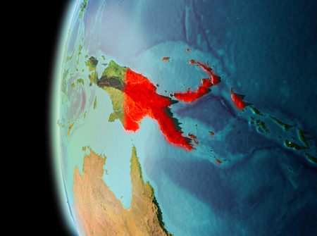 Illustration of Papua New Guinea as seen from Earthâs orbit in late evening. 3D illustration.の写真素材