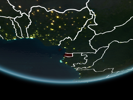 Equatorial Guinea highlighted in red on planet Earth at night with visible borders and city lights. 3D illustration.の写真素材