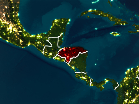 Honduras highlighted in red from Earthâs orbit at night with visible country borders. 3D illustration.の写真素材