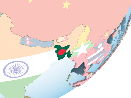 Bangladesh on bright political globe with embedded flag. 3D illustration.の写真素材