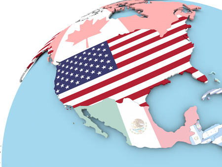 Map of USA on political globe with embedded flag. 3D illustration.の写真素材
