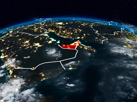 United Arab Emirates from space at night on Earth with visible country borders. 3D illustration.の写真素材
