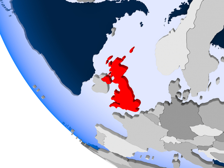 Map of United Kingdom in red on political globe with transparent oceans. 3D illustration.の写真素材