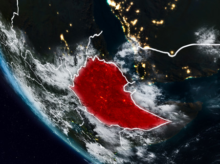 Ethiopia at night from space with visible country borders. 3D illustration.の写真素材