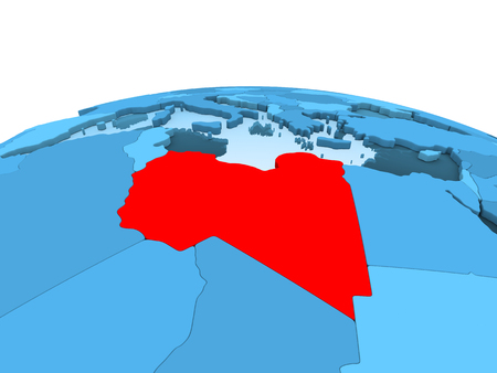 Map of Libya in red on blue political globe with transparent oceans. 3D illustration.の写真素材