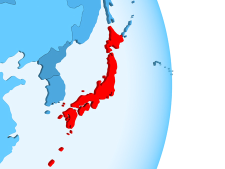 Japan in red on simple blue political globe with visible country borders and transparent oceans. 3D illustration.の写真素材