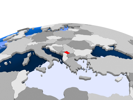 Kosovo highlighted in red on political globe with transparent oceans. 3D illustration.の写真素材