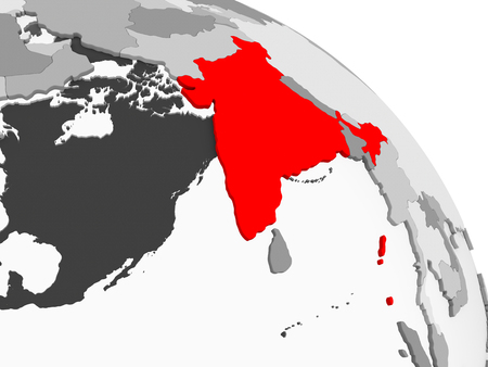3D render of India in red on grey political globe with transparent oceans. 3D illustration.の写真素材