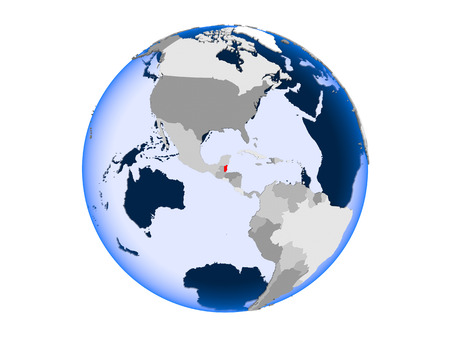 Belize highlighted in red on political globe with transparent oceans. 3D illustration isolated on white background.の写真素材