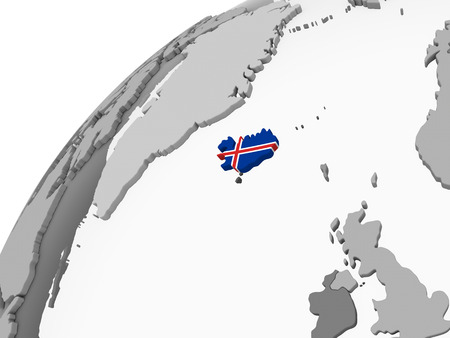 Iceland on gray political globe with embedded flag. 3D illustration.の写真素材