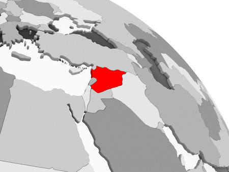 3D render of Syria in red on grey political globe with transparent oceans. 3D illustration.の写真素材