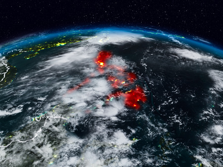 Philippines from space at night on Earth with visible country borders. 3D illustration.の写真素材