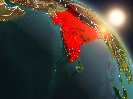Sunset above India from space on planet Earth with visible country borders. 3D illustration.の写真素材