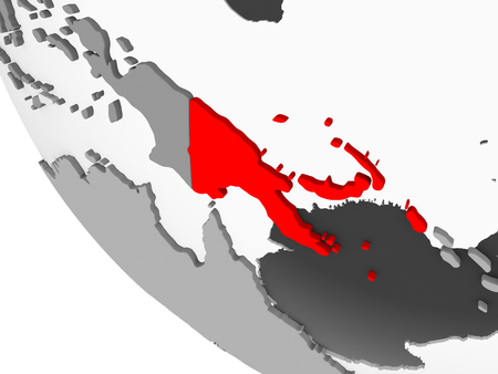 Papua New Guinea in red on simple grey political globe with visible country borders and transparent oceans. 3D illustration.の写真素材